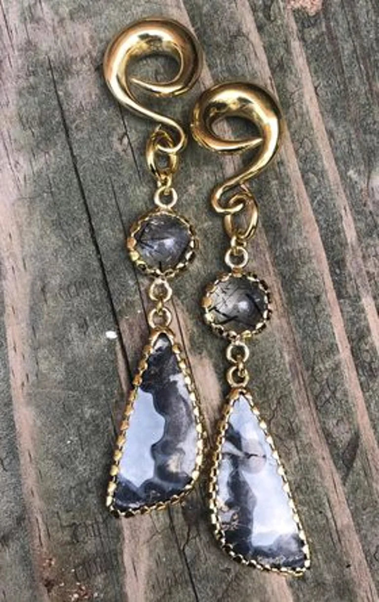 Tourmilated quartz and Malingo jasper dangles from diablo organics