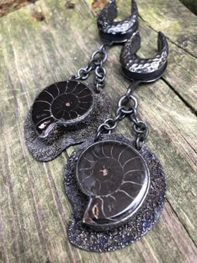 Distressed black fossil ammonites from diablo organics