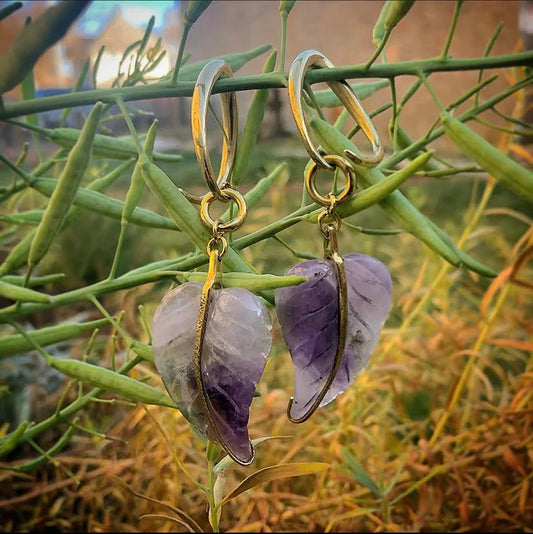 Amethyst stone carved leaf earrings