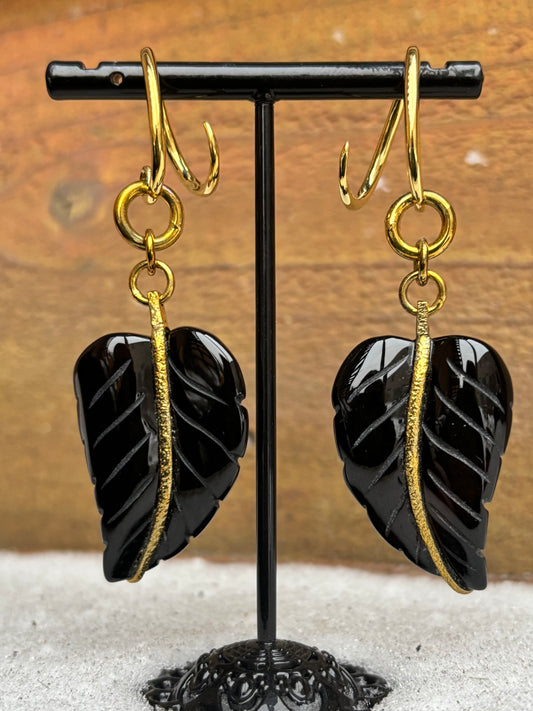 Obsidian leaf earrings